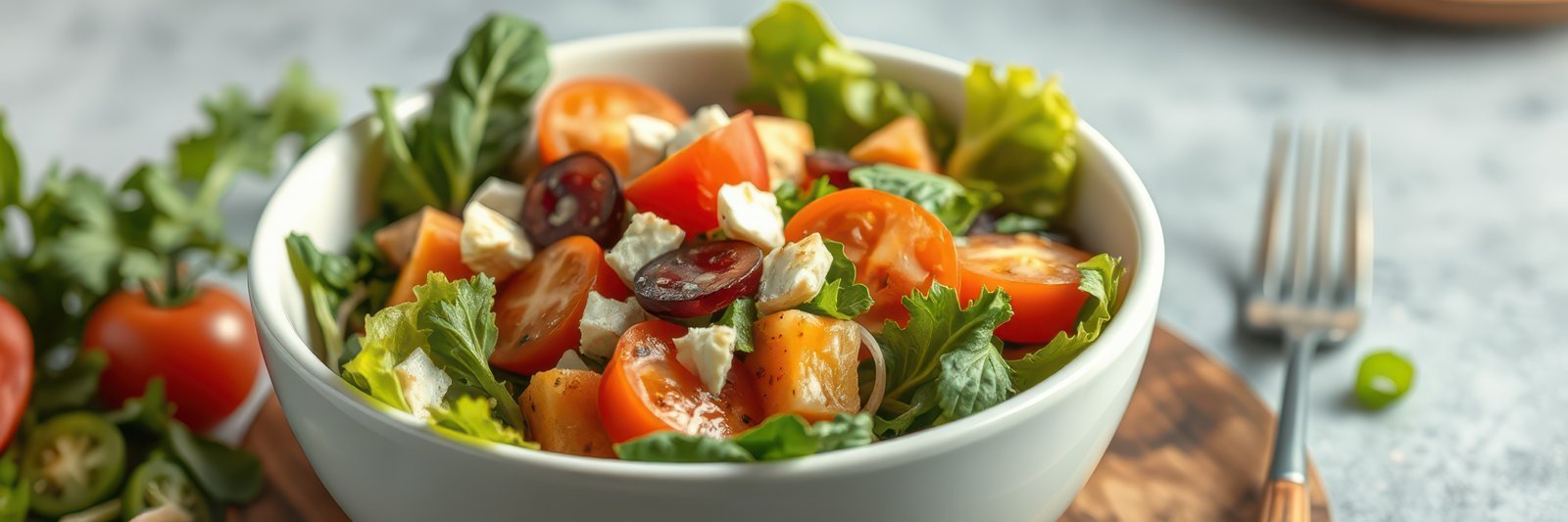 Fresh garden salad with vibrant vegetables and creamy feta cheese served in a white bowl